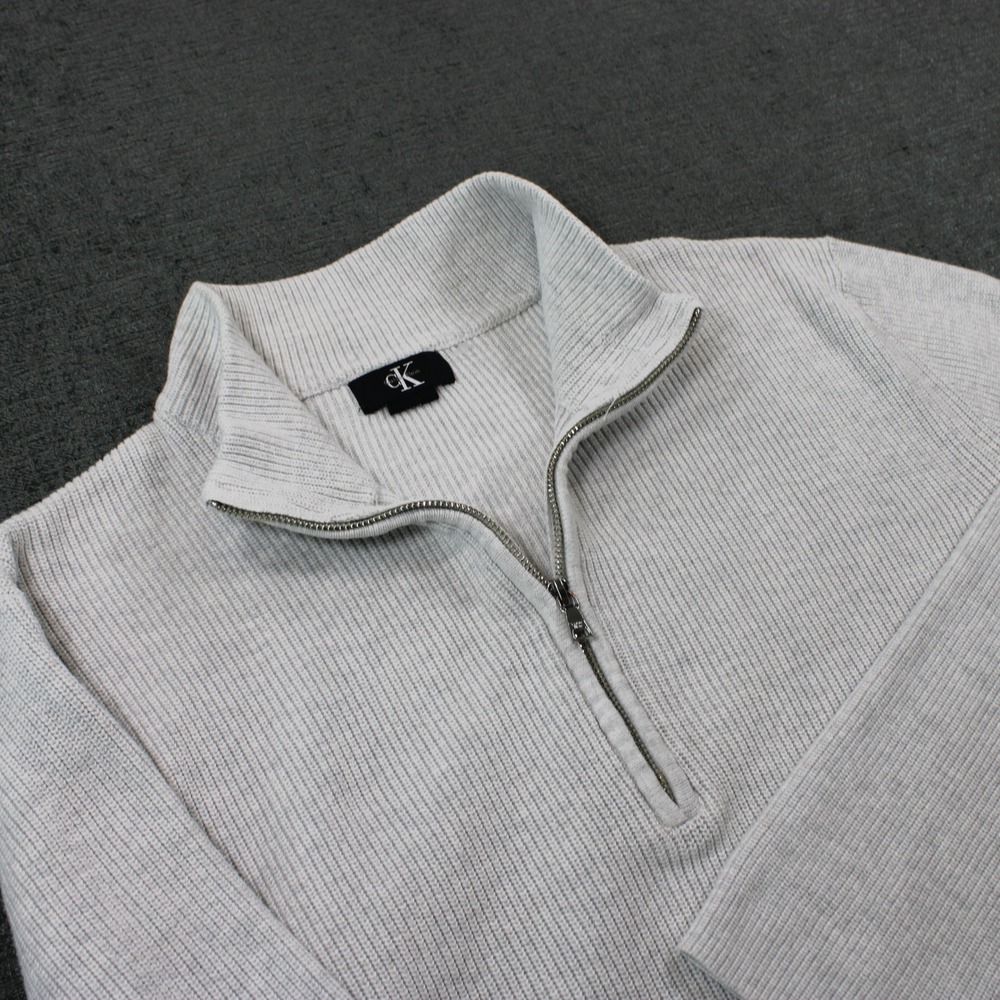 Calvin Klein Jeans Mens Light Grey Ribbed Quarter Zip Mock Neck Sweater L